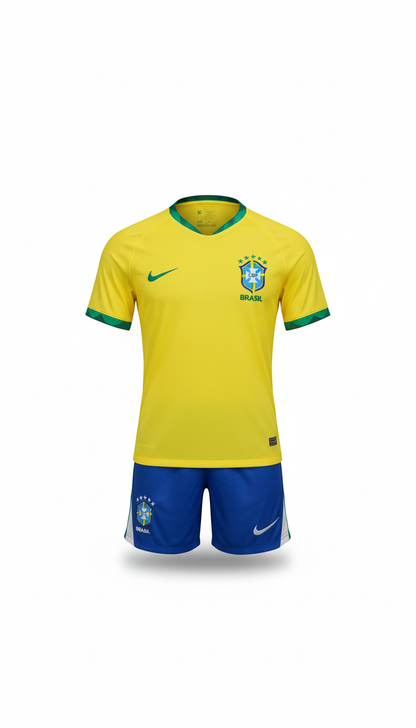 Kit Infantil Seleção Brasileira Amarelo e Azul Camisa e Shorts 5 Estrelas Modelo 2024