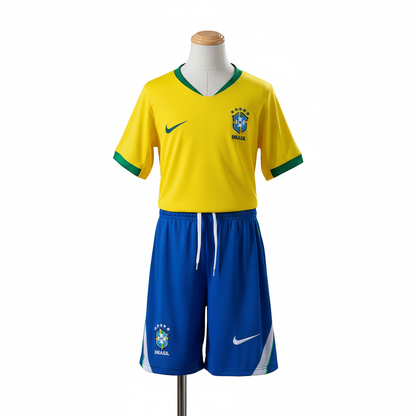 Kit Infantil Seleção Brasileira Amarelo e Azul Retrô 2006 Camisa e Shorts 5 Estrelas